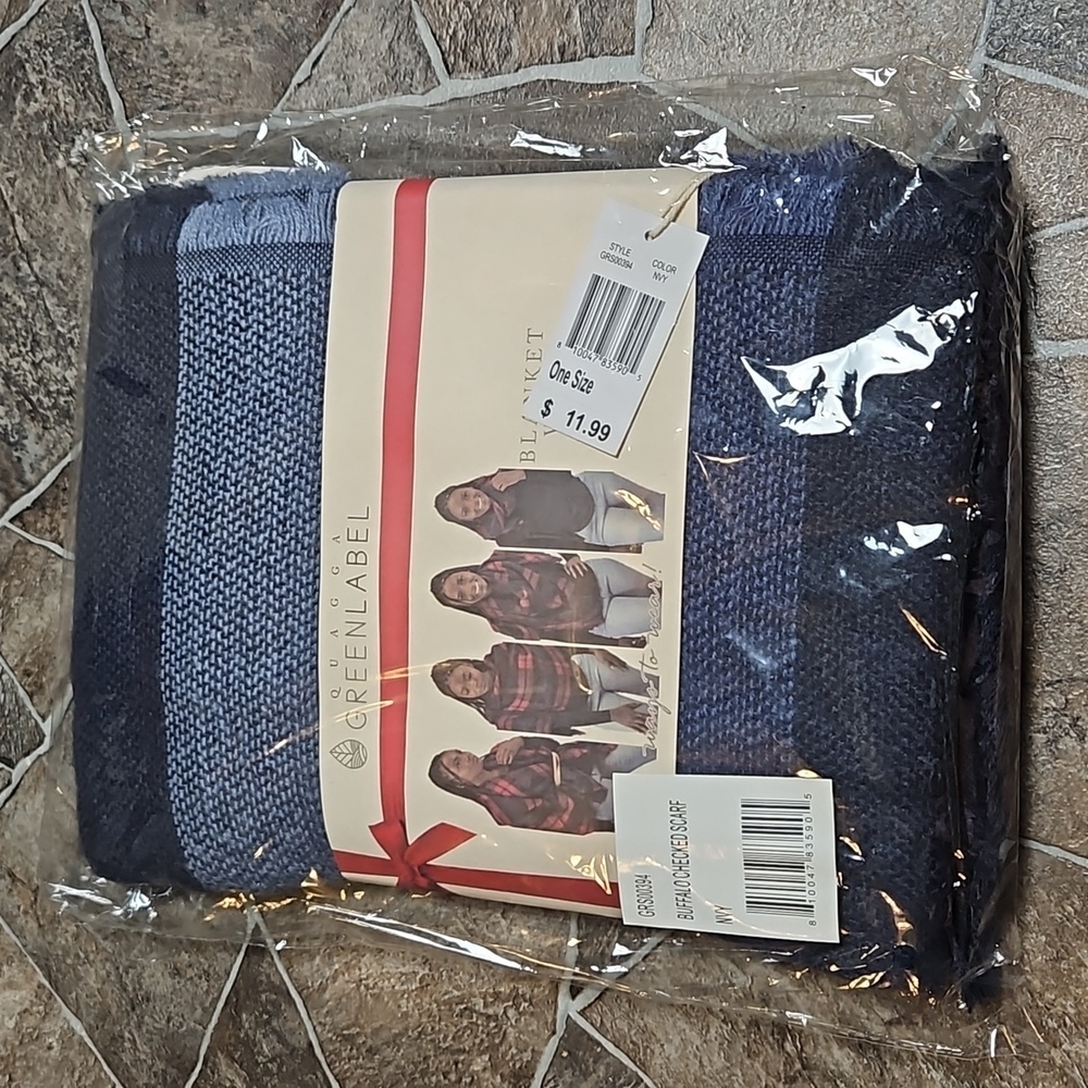 NWT Quagga Green Label Buffalo Navy Checked Blanket Wrap Scarf